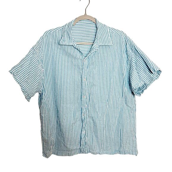 Daily Drills Seersucker Striped Cotton Top Short Sleeve Blue White Size XS / S - Picture 2 of 5
